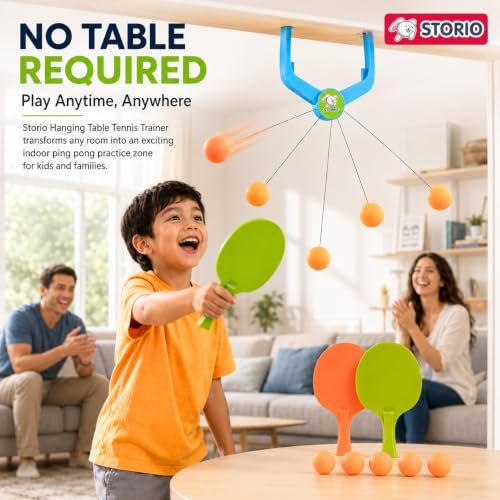 Storio Hanging Table Tennis Trainer, Door Mounted Ping Pong Training Set with 2 Rackets and 5 Balls, Indoor Reflex Training Toy for Boys and Girls Age 5-14 Years Amazon.in: Toys & Games - Image 3