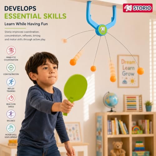 Storio Hanging Table Tennis Trainer, Door Mounted Ping Pong Training Set with 2 Rackets and 5 Balls, Indoor Reflex Training Toy for Boys and Girls Age 5-14 Years Amazon.in: Toys & Games - Image 8