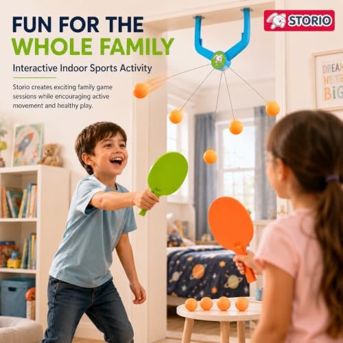 Storio Hanging Table Tennis Trainer, Door Mounted Ping Pong Training Set with 2 Rackets and 5 Balls, Indoor Reflex Training Toy for Boys and Girls Age 5-14 Years Amazon.in: Toys & Games - Image 2