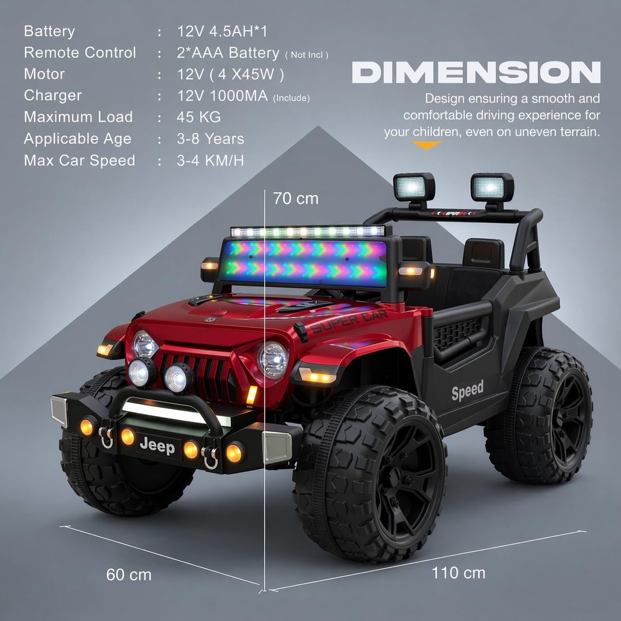 Buy kidsROAR Electric Ride-On Jeep for Kids | Remote Control 12V Battery Operated Rechargeable Big Car with LED Lights Music | Boys & Girls Age 3 to 7 Years (RED) Online at Low Prices in India - Amazon.in - Image 5